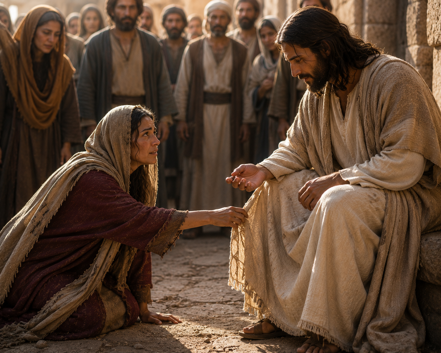 Woman reaching to touch the hem of Jesus garment