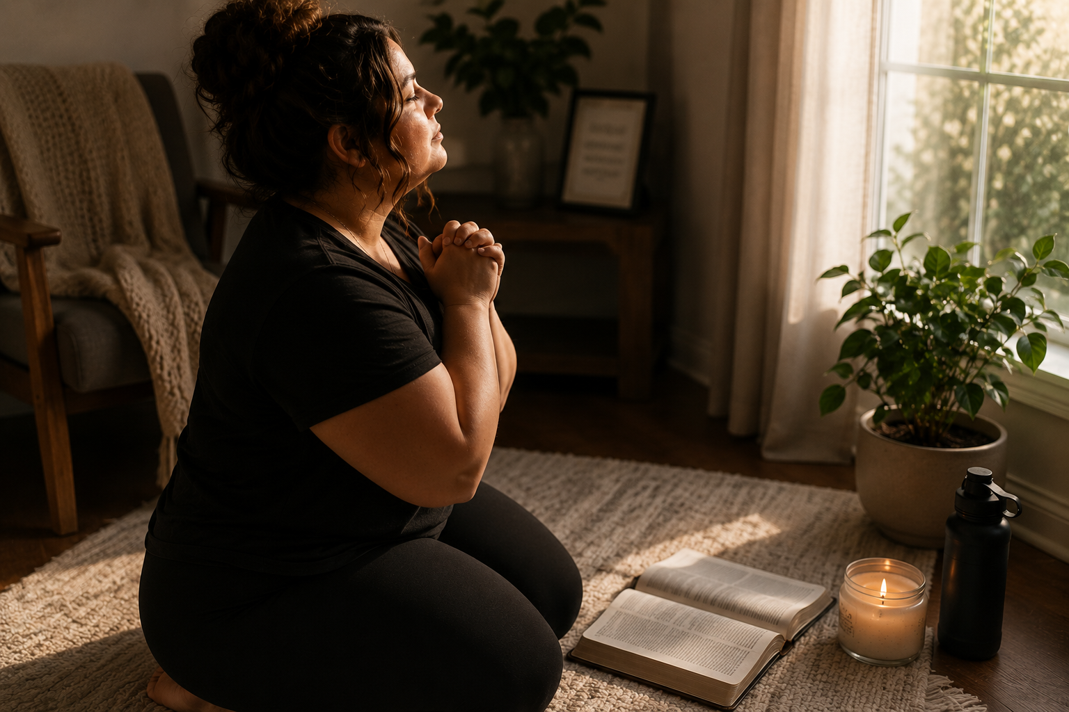 A woman kneeling in prayer with an open Bible