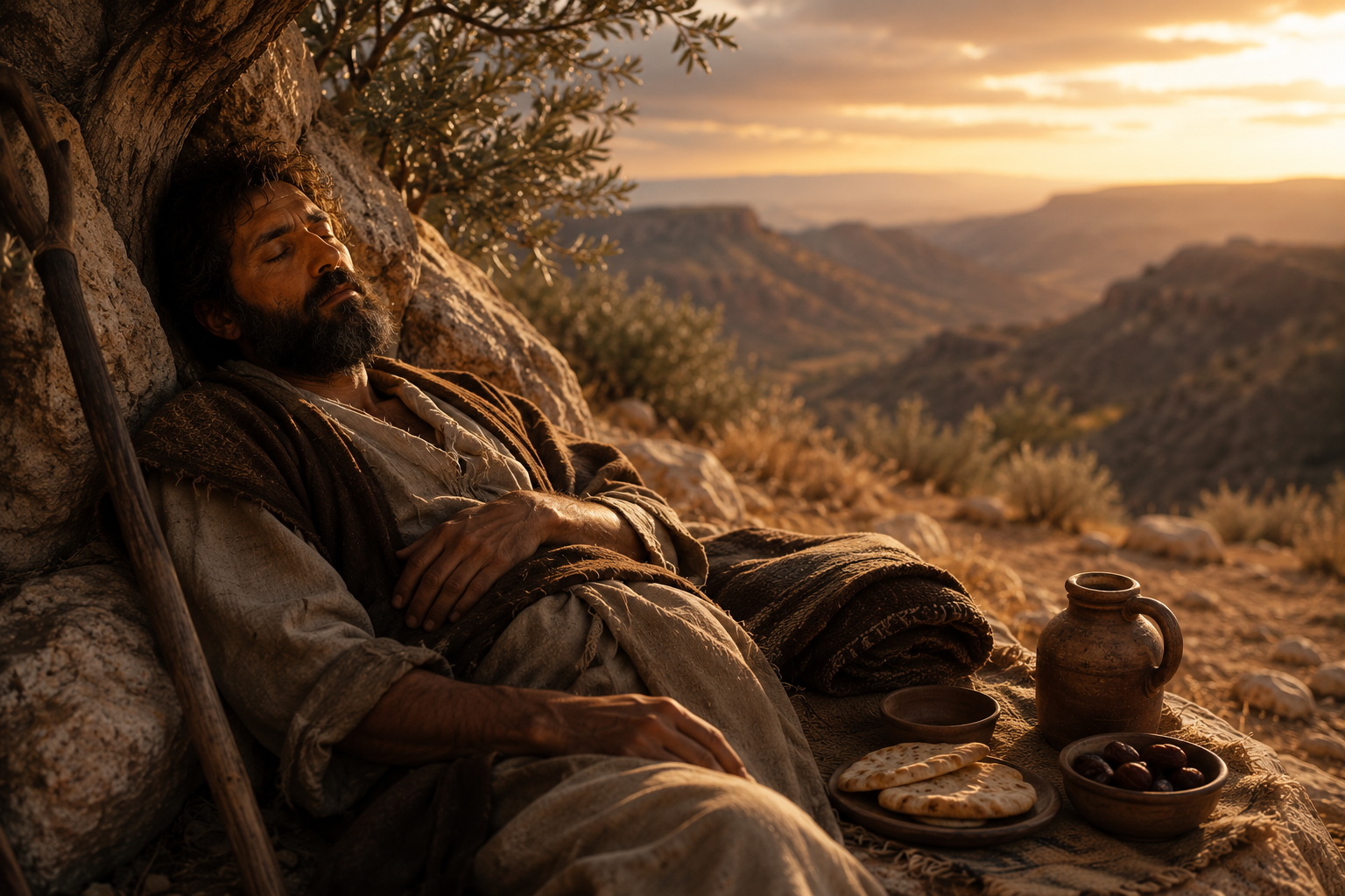 A woman seated at sunset overlooking a cross on the horizon, surrounded by a Bible, running shoes, and a healthy meal